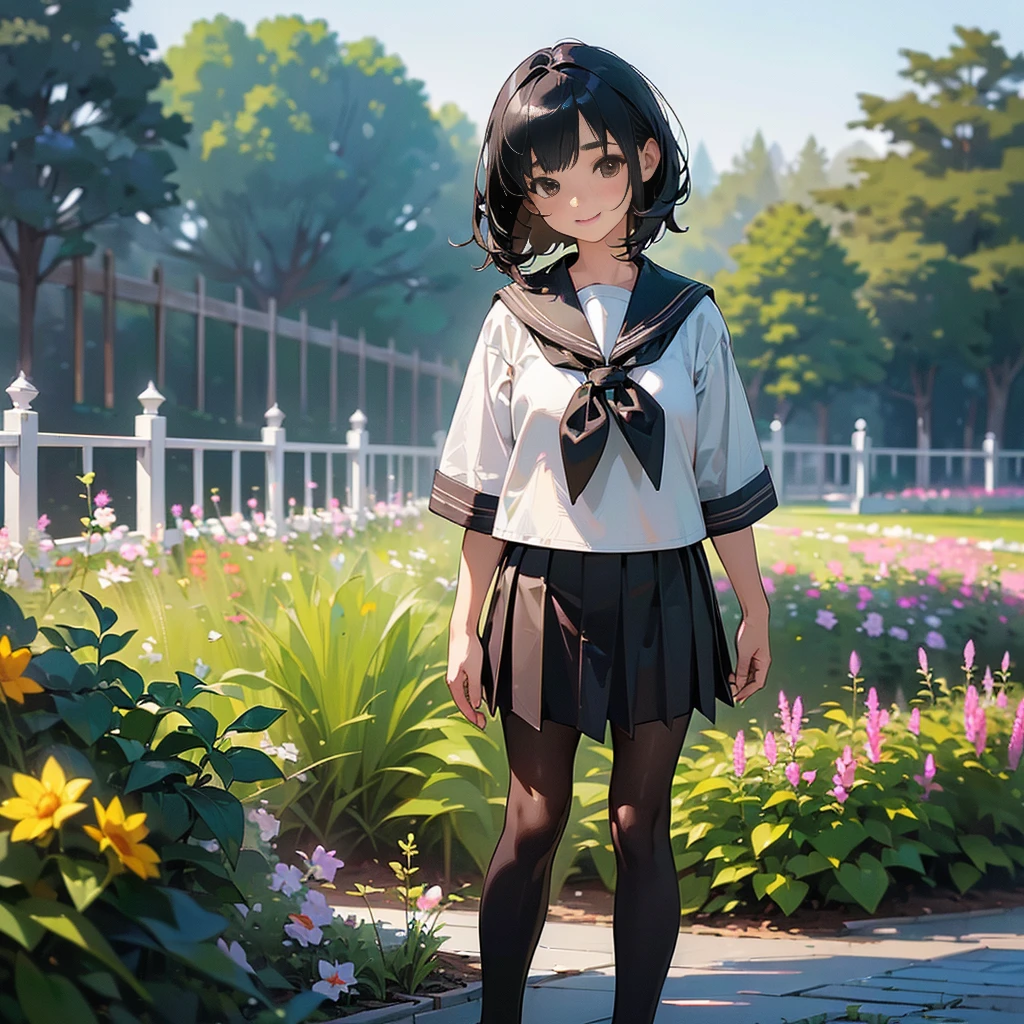 (Highest quality, High resolution, Very detailed, Realistic:1.37), Peaceful atmosphere, (Outdoor, garden), Teenage girl standing alone, Beautiful and detailed features, Cute Smile, ((Black bob hair)),Short-sleeved sailor uniform, Pleated skirt,Black tights,Brown leather shoes.