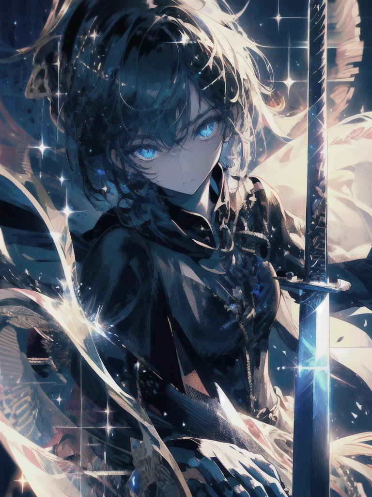 Holding a one-handed sword、Please take the black sword.、((masterpiece, highest quality, Super detailed, High resolution)), alone, beautiful girl, shining eyes, perfect eyes, , black white gold theme,