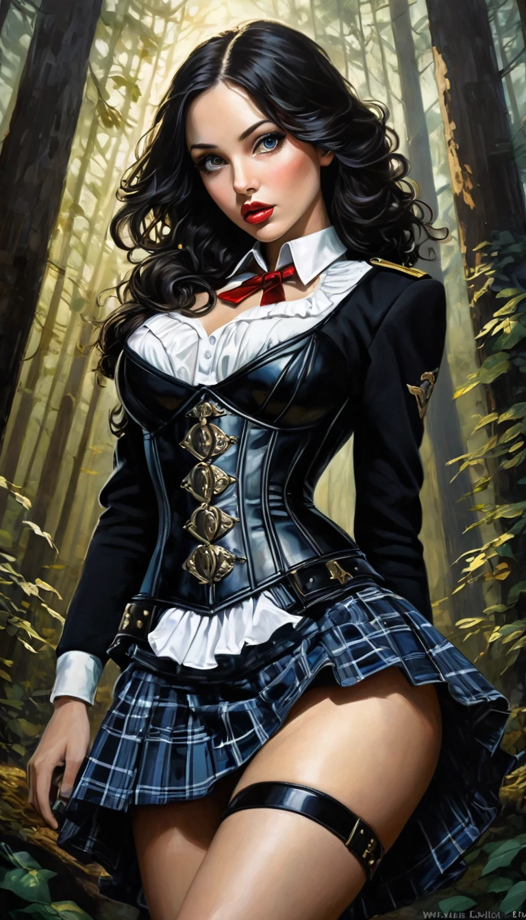 y magician, corset, Plaid mini skirt, detailed belt, In a forest, near a river, magic, ✨🤟😁🤗😍😆👍🙌✨👩‍👩‍👦‍👦sex sexx ✨✨🙏😁❤ eroticismstic, night sky, officer, stars, bottom, Black and white image, eroticism, sexy uality, 4k,, High resolution, masterpiece: 1.2), ultra detailed, (realist, photorealist, photorealist: 1.37), intricate details, vivid colors, sharp focus, professional, Dave McKean artwork, surrealism oil touch, oil painting style, portrait, women, beautiful detailed eyes, beautiful detailed lips, dream atmosphere, Shadows game, Soft lighting, funny pose, dark shades, ethereal bottom, fantasy elements, texture, layered composition.