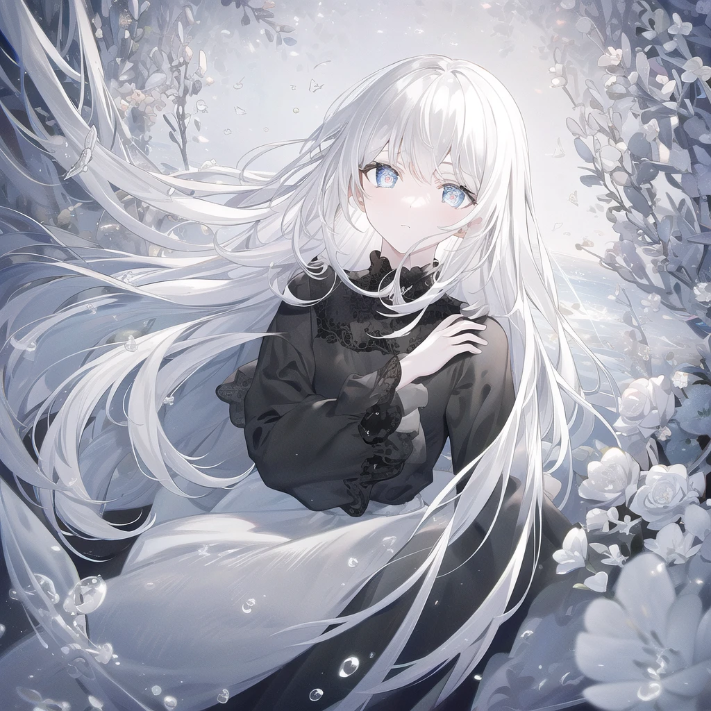 ((masterpiece, best quality))++, Detailed lighting+, Detailed hair+, Detail hand+ ,1 girl, Miss, Long hair, Crimson eyes, beautiful eyes, Young black and white hair,,(Beautiful black and white hair:1.5),(Beautiful and delicate eyes), high resolution+,glass tint, Reflective eyes, {{angle}} , Very detailed wallpaper, The original, Air bangs,Extremely beautiful CG,Firefly,Nature,ocean