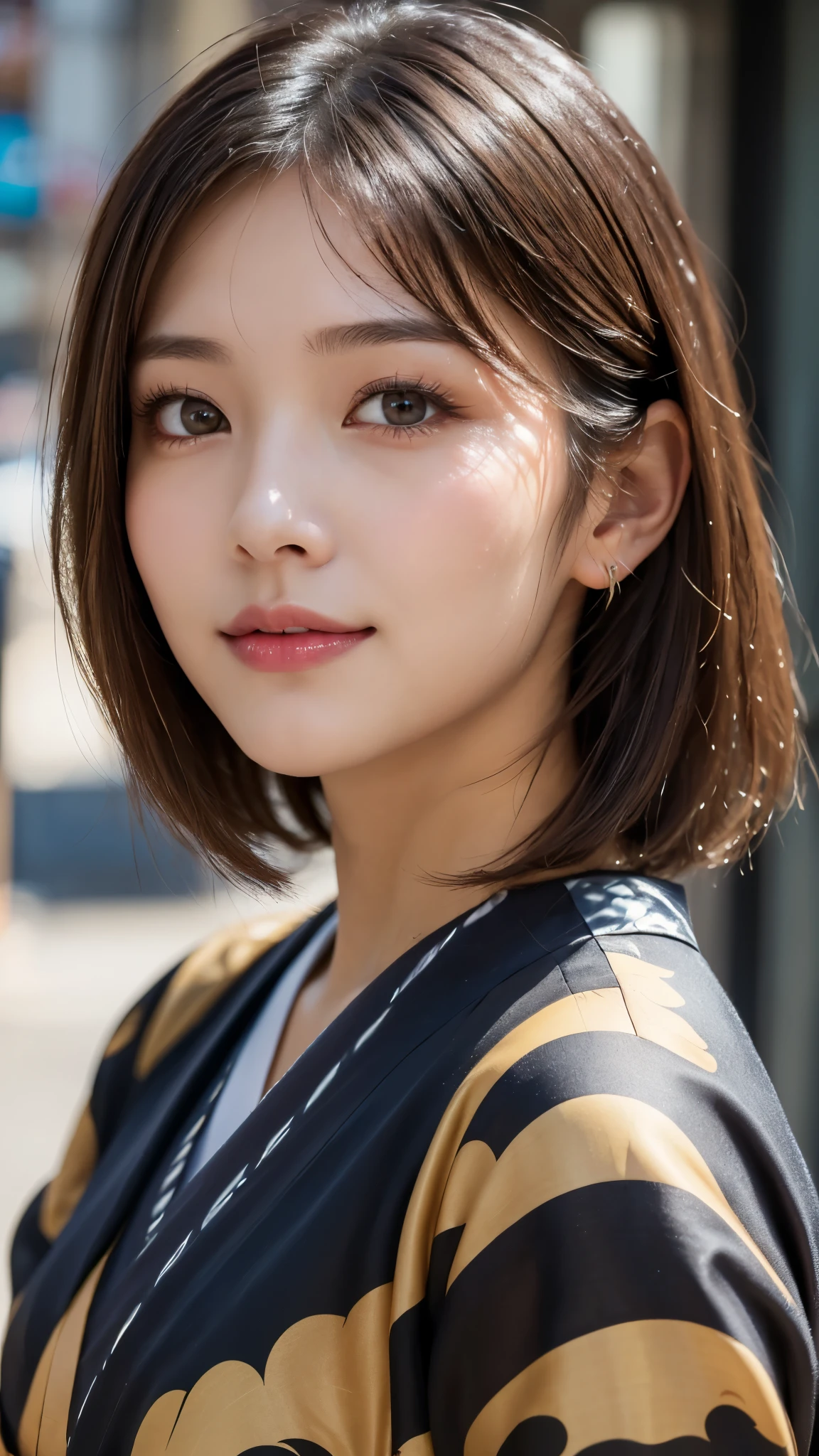 (photorealistic, 32k, RAW photo, best quality: 1.5), (masterpiece:1.3), (absurdres, attractive, ultra high resolution, ultra realistic, highly detailed, golden ratio, ultra detailed, super fucking beautiful detailed face), natural makeup, detailed cloth texture, detailed hair texture, beautiful detailed fullbody, Perfect female body, accurate, Anatomically correct, Highly detailed face and skin texture, (beautiful hands), (realistic skin), (beautiful pale skin:1.1), (Perfect dynamic composition, looking at viewer:1.3), (upper body shot:1.3), ((Japanese Kimono:1.3)),
BREAK,
realistic eyes, beautiful detailed eyes, symmetric eyes, Light Brown eyes, Double eyelids, Thin eyebrows, (Glossy lips:1.4), ((A face with waiting for a kiss, Shy Smile:1.2)), (blush:1.1),
BREAK,
((short hair, bob, Dark blonde hair, bangs:1.2))