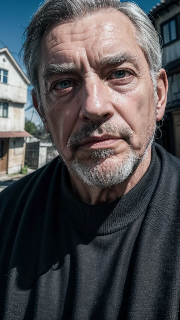 (best qualityer,4K,8k,high resolution,work of art:1.2),ultra detali, greybeard, background with old, shadowy houses, 60 year old man, Grim features, slightly scared