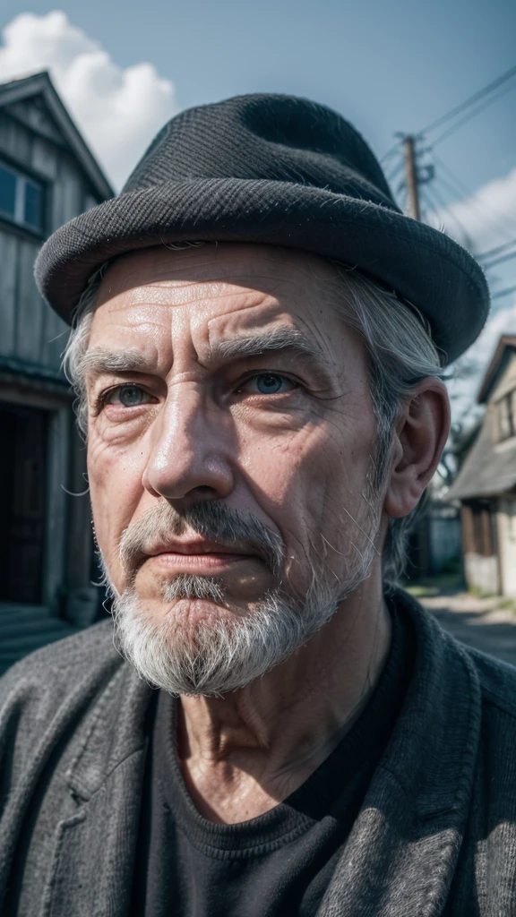 (best qualityer,4K,8k,high resolution,work of art:1.2),ultra detali, greybeard, background with old, shadowy houses, 60 year old man, Grim features, slightly scared