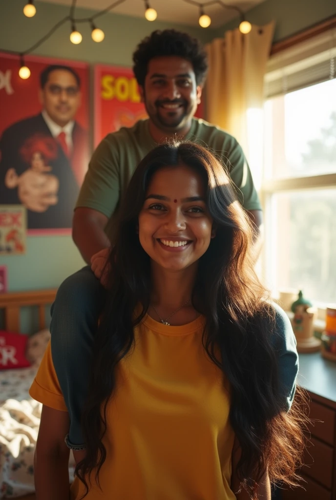 Create a realistic photograph of a smiling and beautiful indian college girl carrying a obese man on her shoulder , in a room, man is sitting on her shoulder, man on top, woman standing at bottom