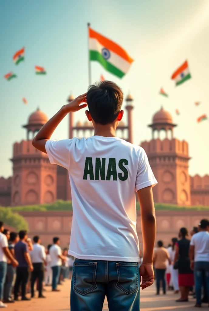 Create a realistic picture of an 18-year-old boy wearing a white t-shirt and blue jeans. He is saluting a big flying Indian flag, with the Red Fort in the background. The name “ANAS” is written on his t-shirt in bold letters, sunglasses. The overall image should have a divine background, reminiscent of Indian Republic Day, with people celebrating.
