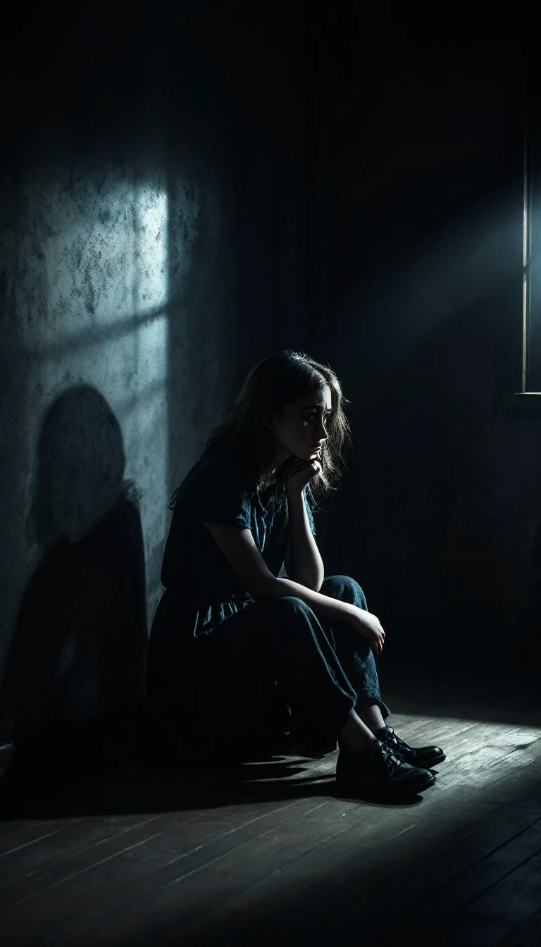 A sad girl sitting alone in a dark room, surrounded by shadows, looking troubled. Emotional, dramatic lighting, digital art, concept art