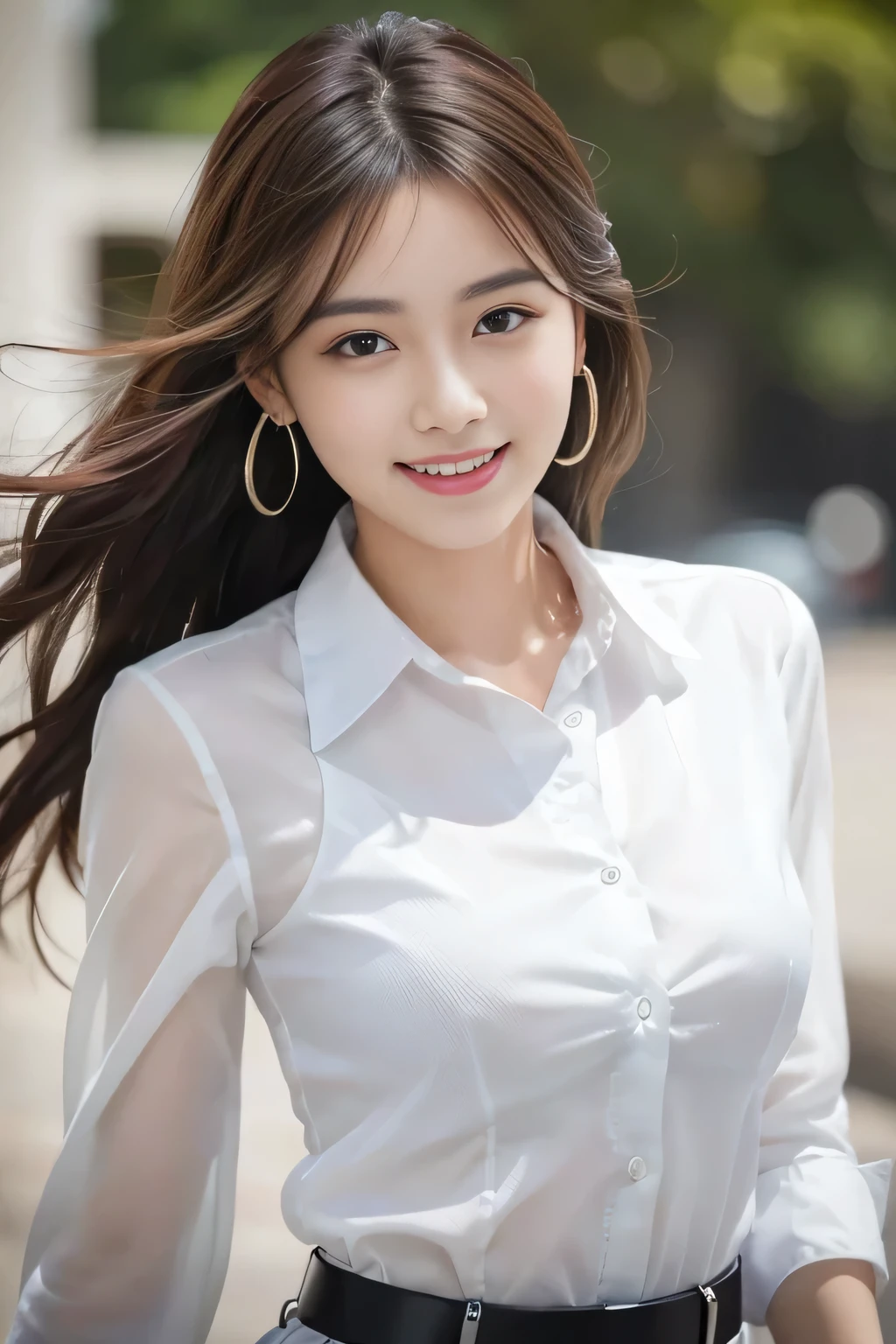 ((Highest quality, 8k, Tabletop: 1.3)), sharp: 1.2, Perfect Body Beauty: 1.4, Slim Abs: 1.2, ((Layered Hairstyles,Medium breast: 1.2)), Cleavage, (Long white shirt with no buttons: 1.1), Highly detailed face and skin texture, Detailed eyes, double eyelid, Profile looking at the camera, Innocent, (Arrest: 1.3)、Cute smile、Big earrings、No sleeve、See-through collared shirt、Long Hair、Laughter、Hair swaying in the wind、