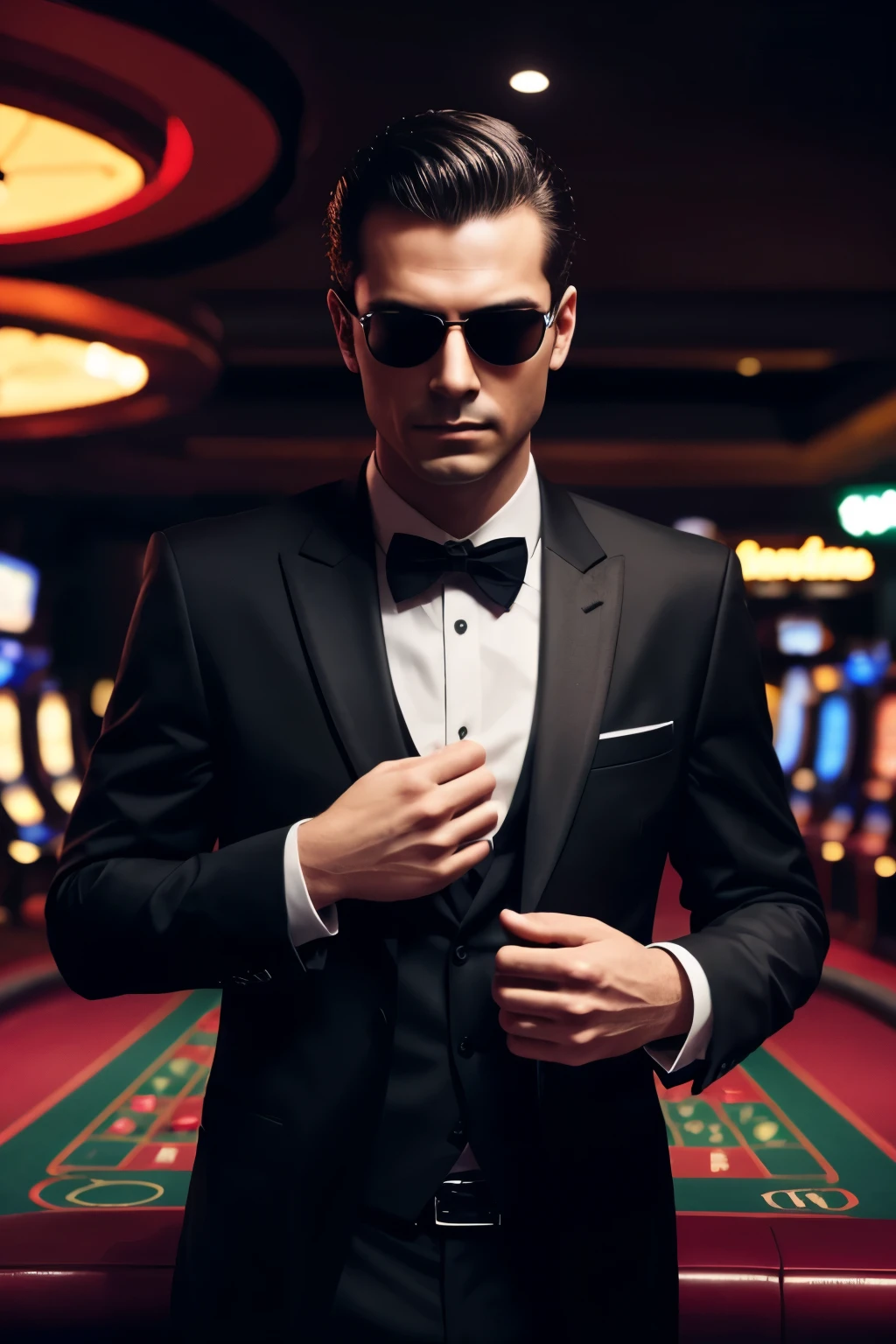 man in black suit, casino environment and with blurred face dark hacking themes