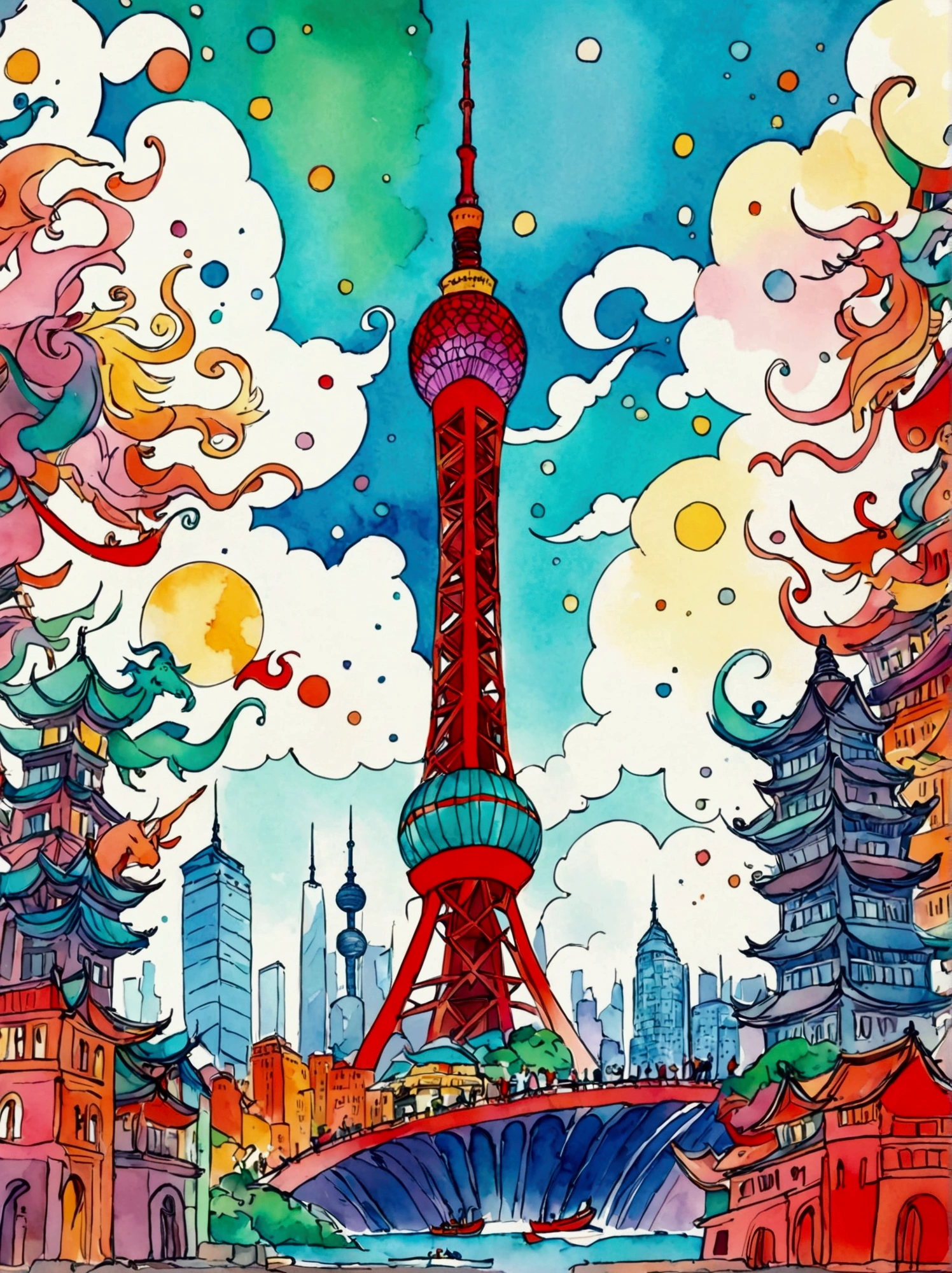 A postcard with the word &quot;Shanghai&quot; printed on top of the Oriental Pearl Tower，in the style of Quentin Blake,Hand-drawn illustration style,Watercolor illustration, white background, Lots of white space, Minimalism, centered image, illustration, cartoon, animated movie, award-winning, bold outlines, vibrant colors, shapes, mythical creature, colorful energy, white background