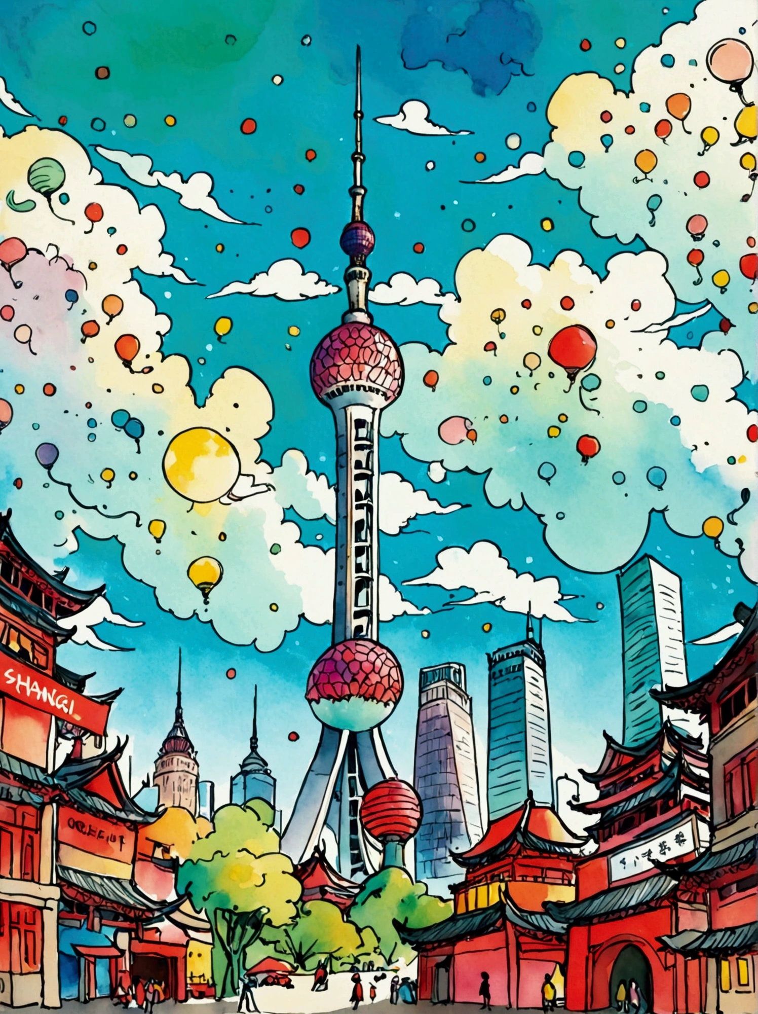 A postcard with the word &quot;Shanghai&quot; printed on top of the Oriental Pearl Tower，in the style of Quentin Blake,Hand-drawn illustration style,Watercolor illustration, white background, Lots of white space, Minimalism, centered image, illustration, cartoon, animated movie, award-winning, bold outlines, vibrant colors, shapes, mythical creature, colorful energy, white background