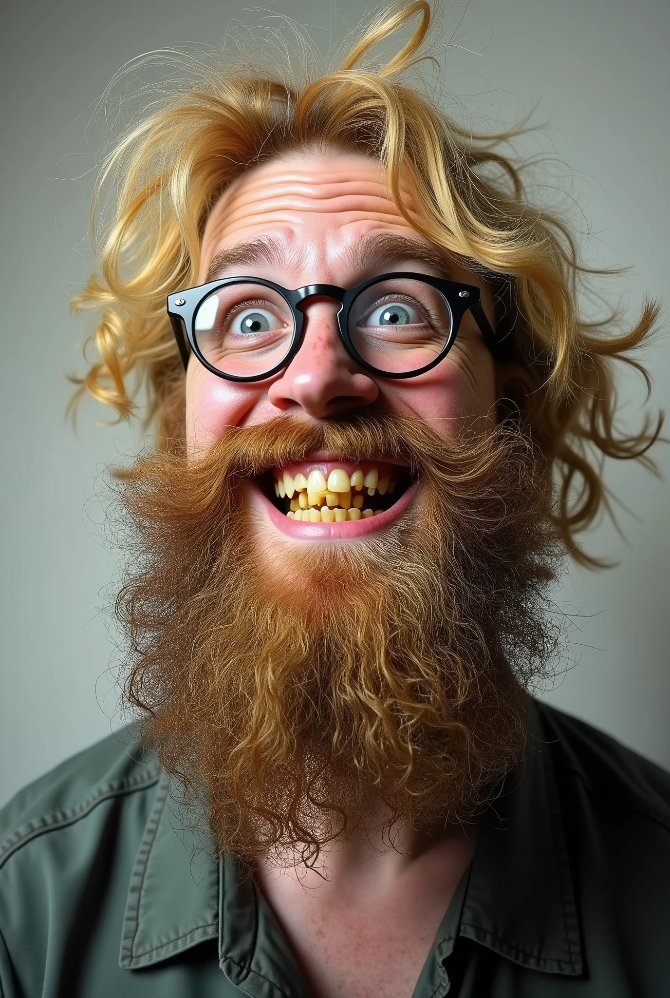 "Create a detailed avatar of a geeky man with long, messy blonde hair and an unkempt, scruffy beard. His nickname is 'El Barbas.' His face shows yellowed, crooked teeth with noticeable gaps, emphasizing his poor dental hygiene. His appearance is very dirty and disheveled, giving off a strong sense of being unhygienic and possibly malodorous. He has a wide, almost chaotic grin, sometimes referred to as a 'trayao' smile. His blue eyes have a vacant, slightly unfocused gaze, adding an autistic spectrum vibe to his expression. He wears round, somewhat crooked glasses that sit unevenly on his nose. His clothing is wrinkled, stained, and generally unkempt, reinforcing his overall lack of cleanliness. The background should be simple and neutral to emphasize the character's features and quirky personality."