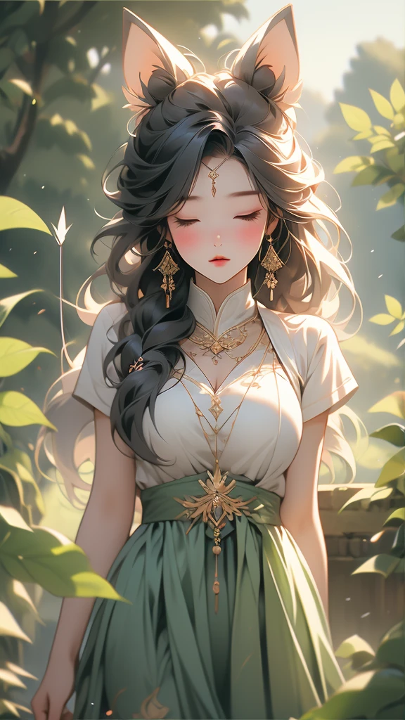 world Tree、ethnic group、Cute girl、Long hair、Fairy ears、Big breasts、Thin waist、wearing a leaf-style skirt、Bow and arrow in hand