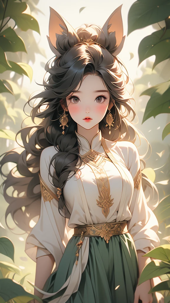 world Tree、ethnic group、Cute girl、Long hair、Fairy ears、Big breasts、Thin waist、wearing a leaf-style skirt、Bow and arrow in hand