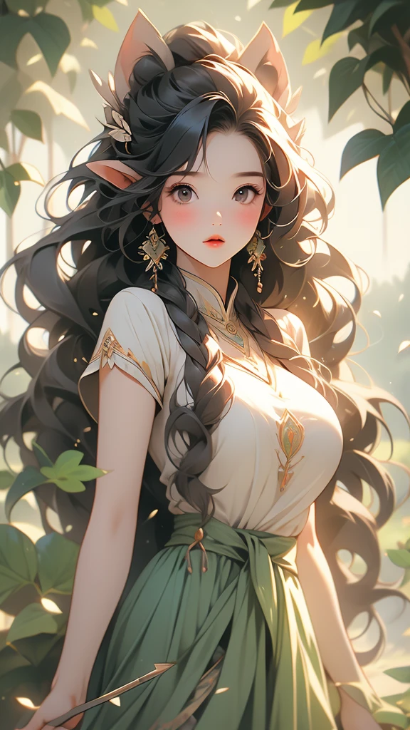 world Tree、ethnic group、Cute girl、Long hair、Fairy ears、Big breasts、Thin waist、wearing a leaf-style skirt、Bow and arrow in hand