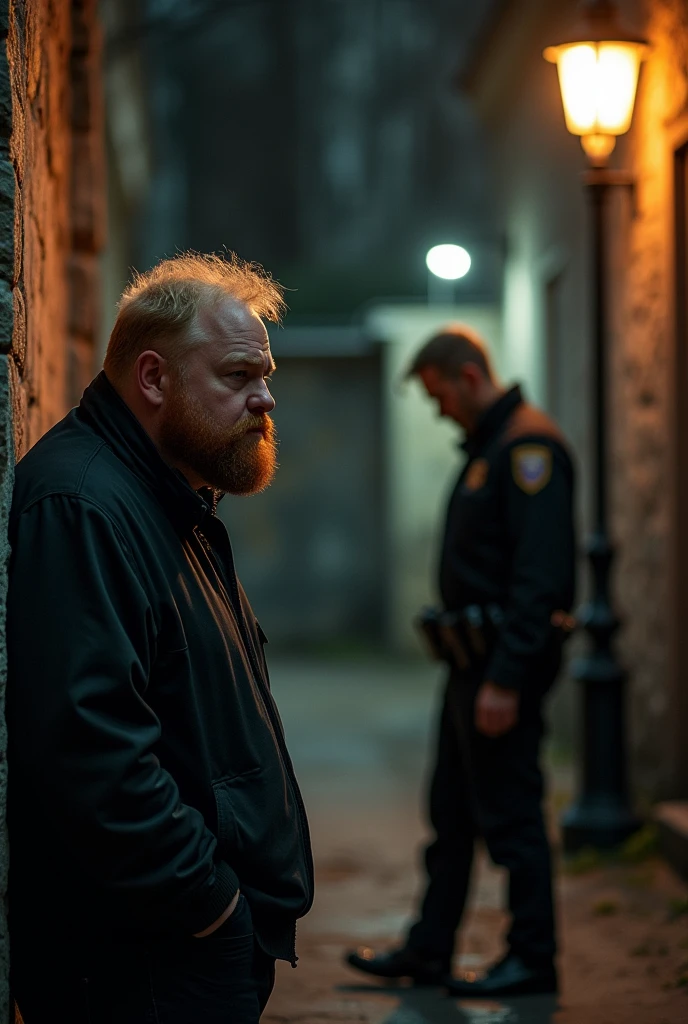 white male, fatter, hair blonde, short red beard, Sad because your girlfriend left with a strong and handsome policeman in the background, Your ex-girlfriend, blonde, skinny, and short, with a policeman.