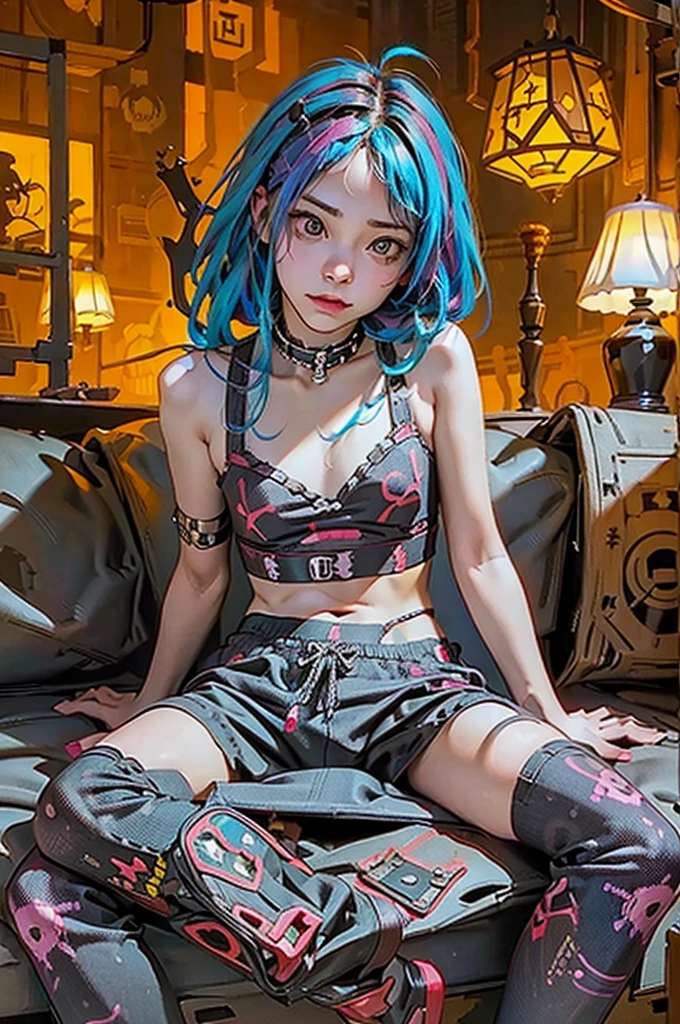 Sitting in front of a cyberpunk drum、Punkcore、Colorful leopard print outfit