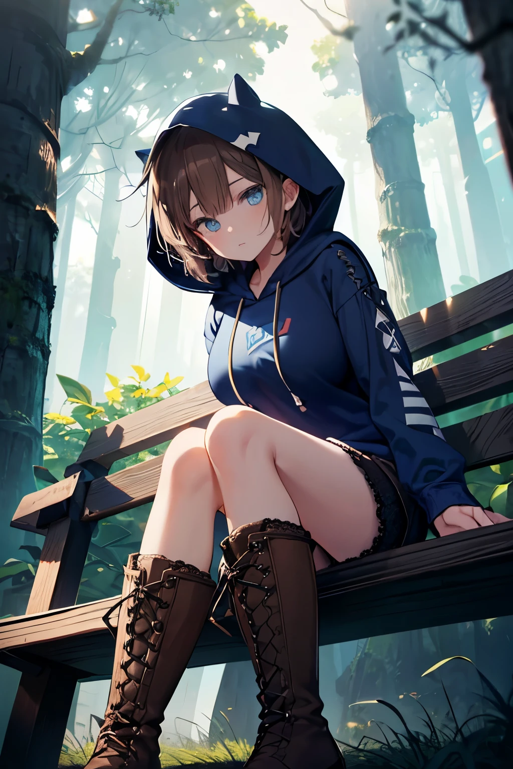 Highest quality、High resolution、8k、masterpiece、Anime Style、 Vibrant colors、World-class professional animators、 (Beautiful Face、Beautiful Eyes、Beautiful Nose、Beautiful Lips)、 Sharp Focus、Bright colors、Sharp Focus、Cinematic lighting、 Young face、A 、(solo)、(cuteness: 1.2)、(Light blue hooded sweatshirt:1.5)、(Dark navy shorts:1.5)、(Dark brown lace-up boots:1.5)、forest、((Big Tits))、((Big Breasts)).Black Hair、short hair、Sit on a bench、Anxious expression、View from below、((View from the front))、((Focus Girl))