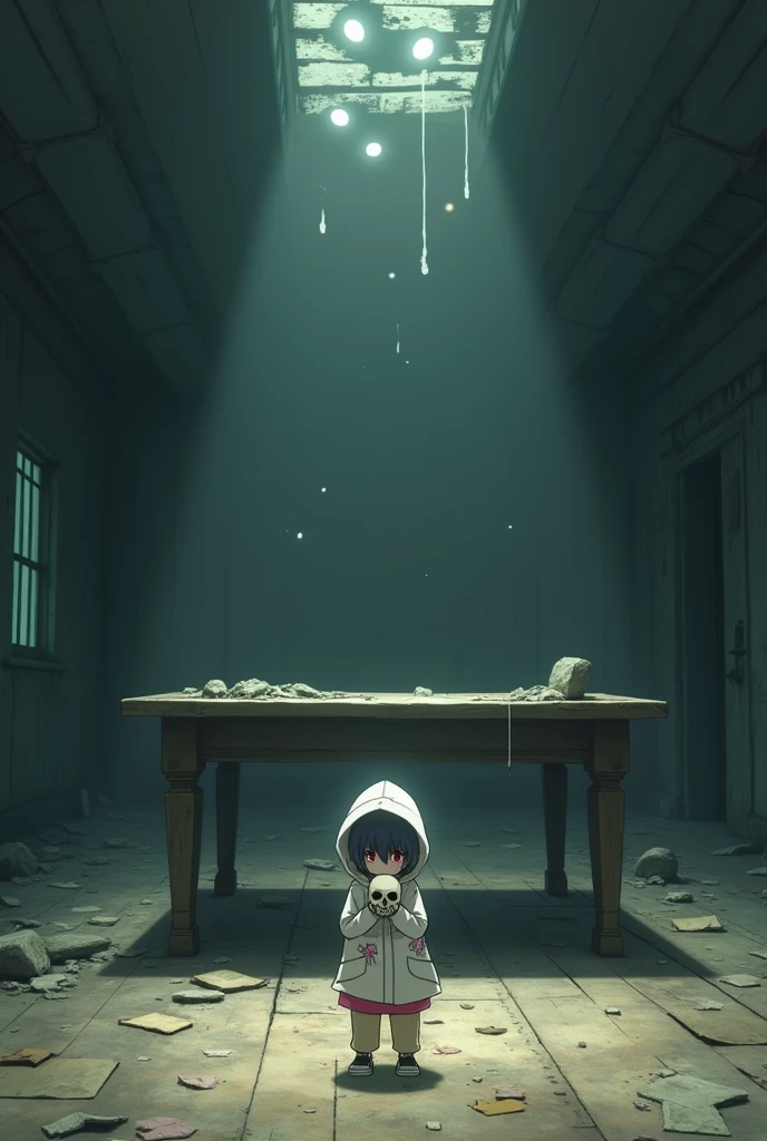 A very small boy wearing a raincoat and he has a backpack on his back. He is wearing a white raincoat with unicorn details. He is wearing a pink shirt and beige pants. He has doll shoes. He is holding a skull mask in his hands. He is so small that the place he is in is totally bigger than him. The whole room is gigantic. It looks like it is abandoned. There is a huge table and he is on the dirty wooden floor. It looks like he is hiding from something. And on the top of the roof you can see someone watching him with white eyes. This image has to be in anime.