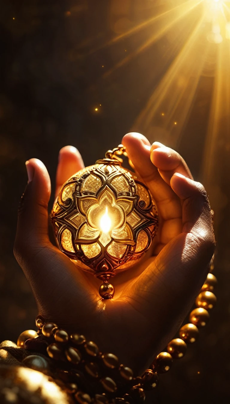 A hand holding a prayer bead, surrounded by a golden light. Spiritual, calming atmosphere, digital art, concept art