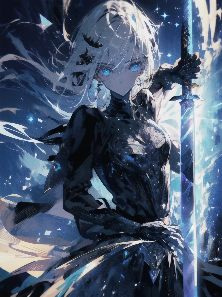 Holding a one-handed sword、Please take the black sword.、((masterpiece, highest quality, Super detailed, High resolution)), alone, beautiful girl, shining eyes, perfect eyes, 15 years old, black white gold theme,