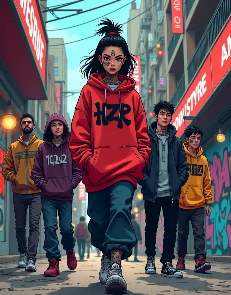Asian Girl Rapper, walking with her gang, side view, on the streets, big hoodie, very pretty, face_tattoos, comic style, cartoon, comic style, gangster, tech wear outfit, dynamic