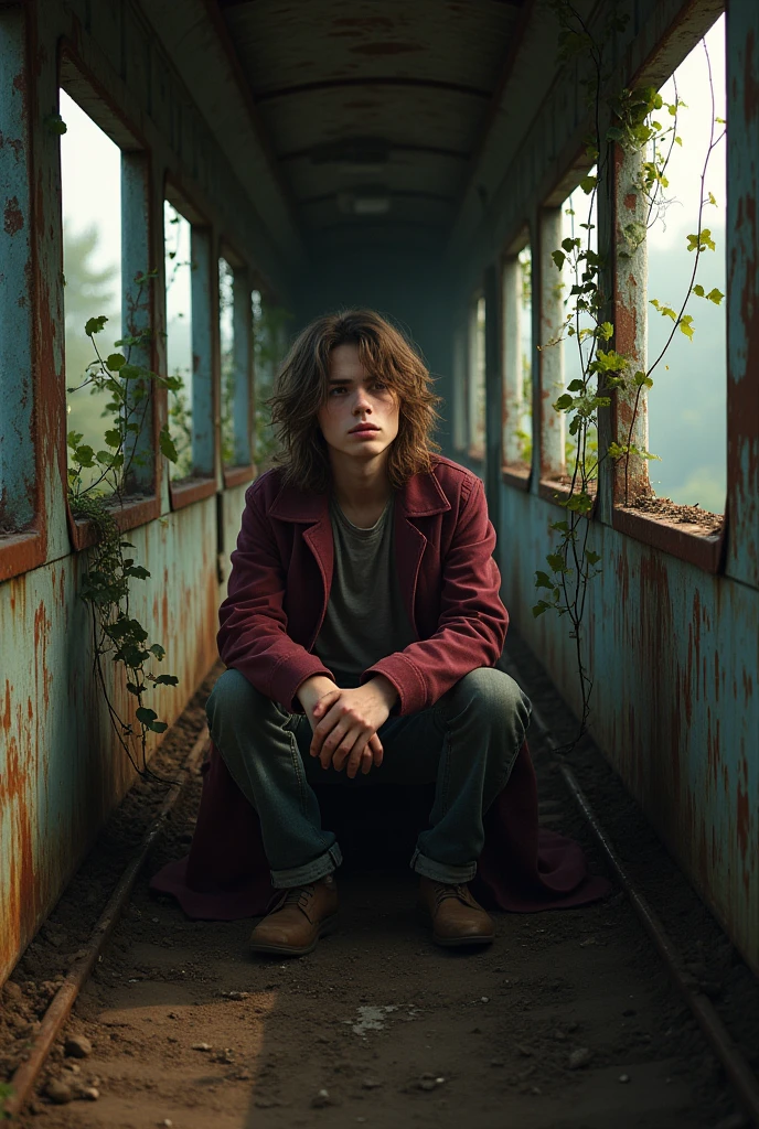 sad male teenager long brown hair light skin wearing burgundy coat on old abandoned rusty train with details