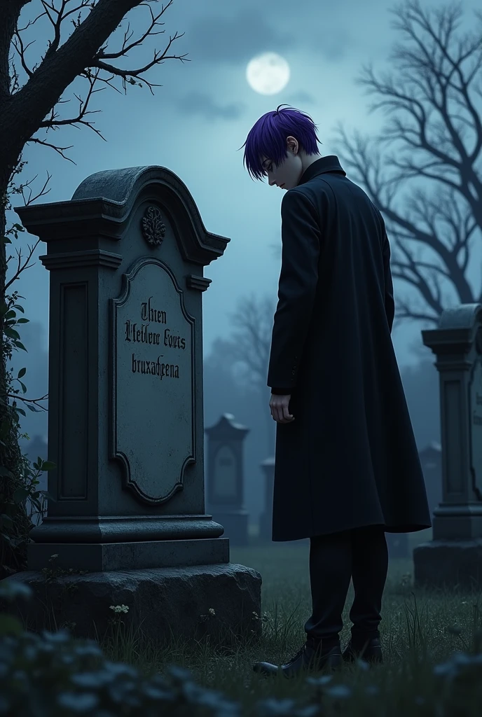 ((Artwork, high quality)), (20-year-old male), (purple hair), (blue eyes), (wearing black clothing), (standing), (gazing at a tombstone), (tombstone text: "Here lies bruxahepena"), (somber mood), (graveyard setting).
