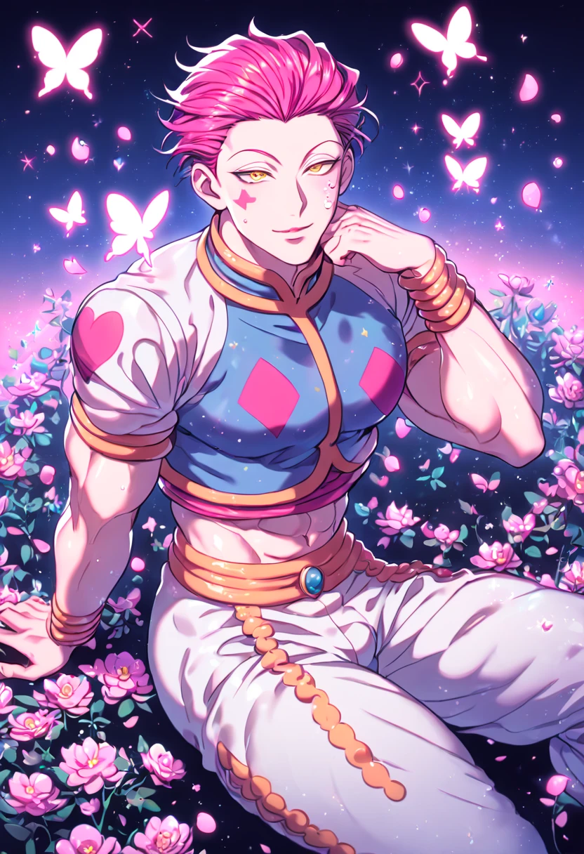 absurdres, highres, ultra detailed, HDR, master piece, Hisoka Morou, red fuchsia hair, slicked back, expressive yellow eyes, white cropped shirt with patterns, Hunter X Hunter, fantasy, glittering pink butterflies, petals, magical, handsome, sexy man sitting, solo, very detailed eyes and face, glittering, pink flowers, a star mark on his left cheek, a water droplet on his right cheek, manly man, sensual, horny, crystal light, pink shining fireflies, pink fire, white pants,