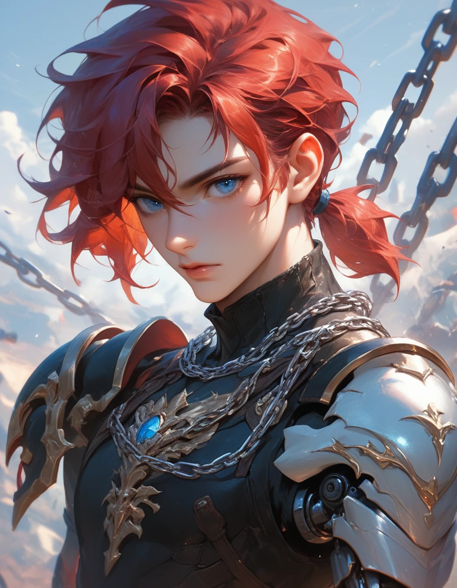 A young man with fluffy, shoulder-length red hair, the top of which is tied into a short ponytail. Beautiful face, blue eyes. Mechanical arm, he is on the battlefield, clothes are black with elements of leather, chain mail and armor. Slightly mature face. Gloomy atmosphere.