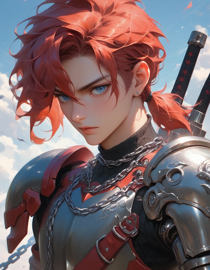 A young man with fluffy, shoulder-length red hair, the top of which is tied into a short ponytail. Beautiful face, blue eyes. Mechanical arm, he is on the battlefield, clothes are black with elements of leather, chain mail and armor. Slightly mature face. Gloomy atmosphere.