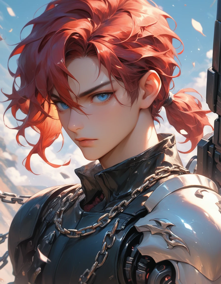 A young man with fluffy, shoulder-length red hair, the top of which is tied into a short ponytail. Beautiful face, blue eyes. Mechanical arm, he is on the battlefield, clothes are black with elements of leather, chain mail and armor. Slightly mature face. Gloomy atmosphere.