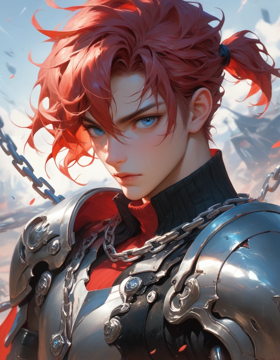 A young man with fluffy, shoulder-length red hair, the top of which is tied into a short ponytail. Beautiful face, blue eyes. Mechanical arm, he is on the battlefield, clothes are black with elements of leather, chain mail and armor. Slightly mature face. Gloomy atmosphere.