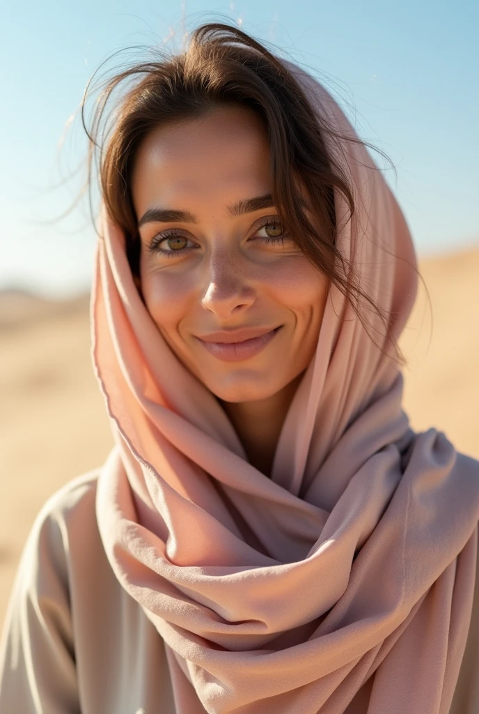 Middle East 33 woman with nude pink scarf brown smiley eyes portrait looking at camera face beige summer chic shirts body covered