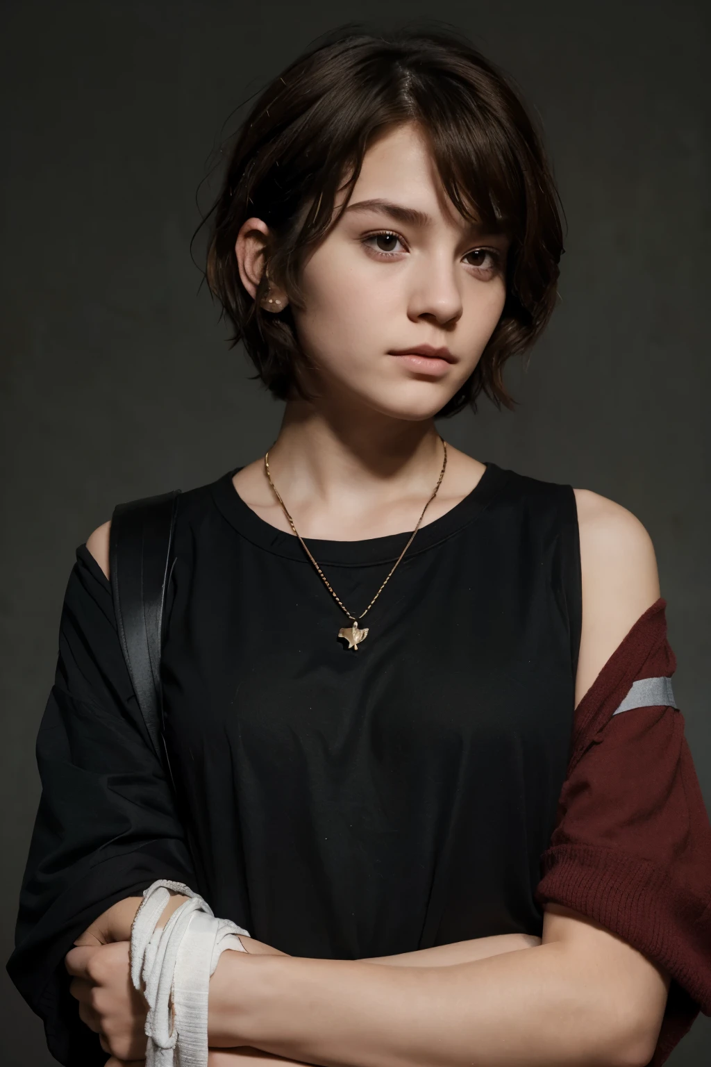 kid, gryffindor, short wave hair(till the shoulder), baggy clothes, half-open eyes, some bandages at the face, sharp jawline and cheeks
