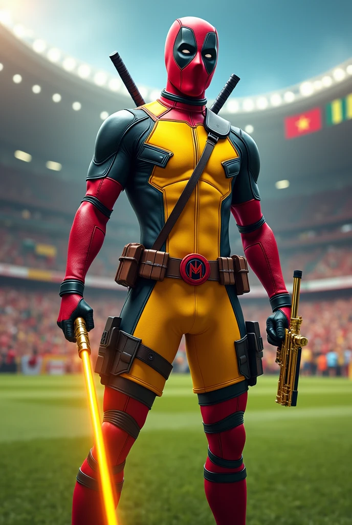 (photorealism:1.2), Full-body Deadpool wearing the yellow and red uniform of Club America from Mexico, attacking with a yellow laser saber in one hand and a golden gun in the other at Mexico's Estadio Azteca. 