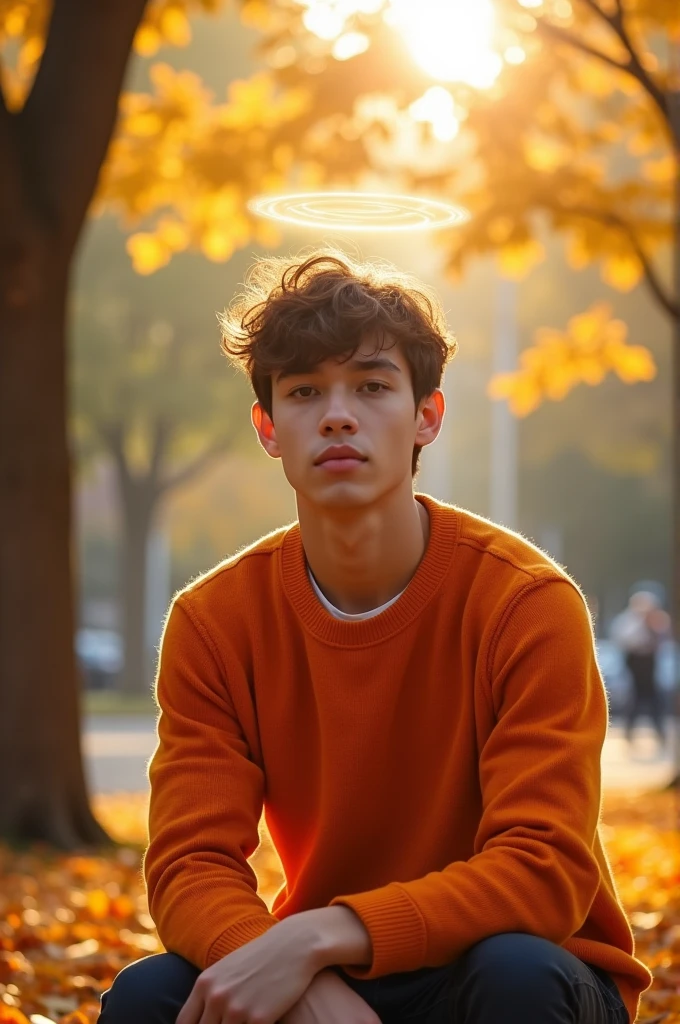Guy with angel halo with orange sweater and brown hair