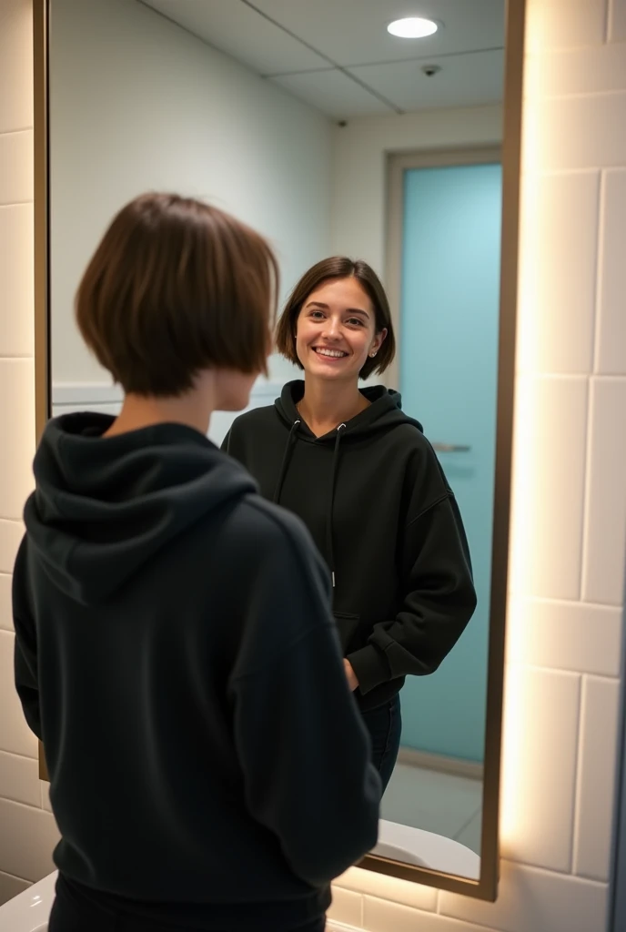Bathroom mirror selfie cute girl 28 year old short brown hair black hoodie standing work bathroom