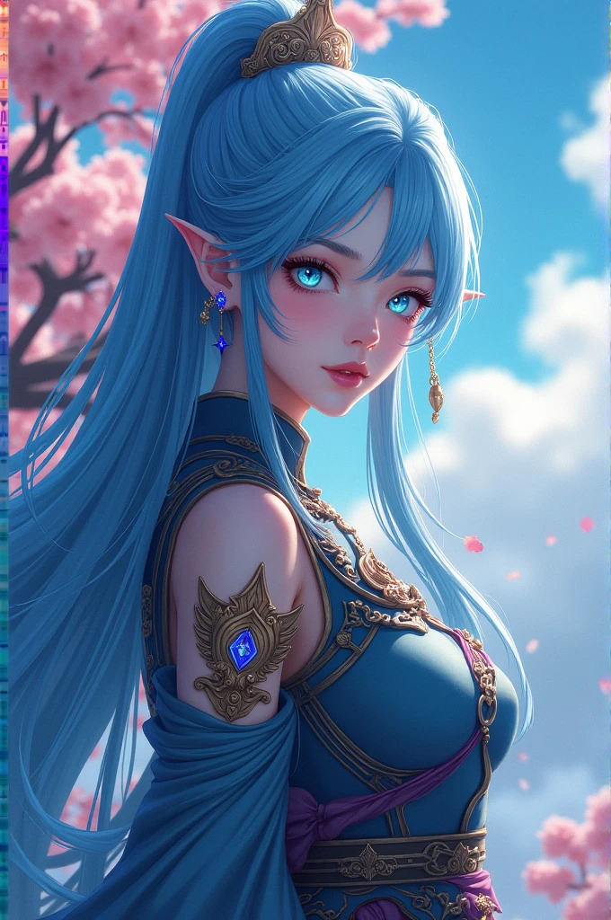 Demon Slayer female with long blue hair.she has blue diamond eyes.red lips and blue hair.