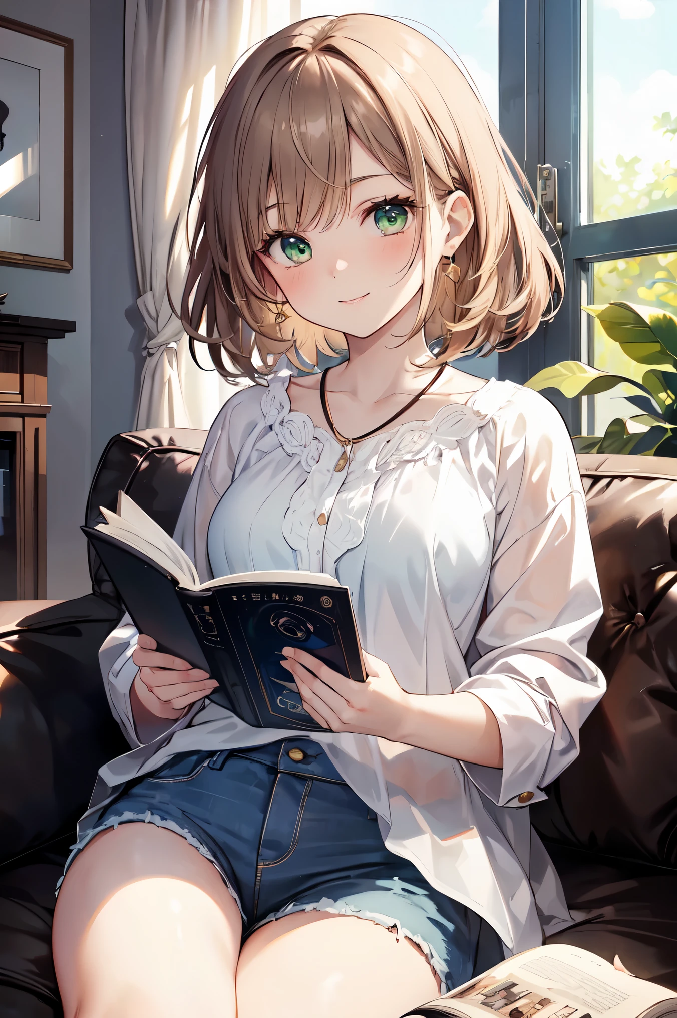 masterpiece, Highest quality, Very detailed), Portrait of an 18 year old woman with light brown hair, Green round eyes, Beige blouse and blue jeans、Smiling Blue Shorts、Reading the Brown Book - Auto Ultrarealistic -  
