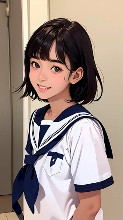 Highest quality、Realistic、、zoom、Primary school students、Girl、look up、cute、Light grey eyes、Black Hair、Short Hair、boyish、Tanned brown skin、Dark Skin、Sailor suit、Shy laugh、Flat Chest、Bust Shot、thin