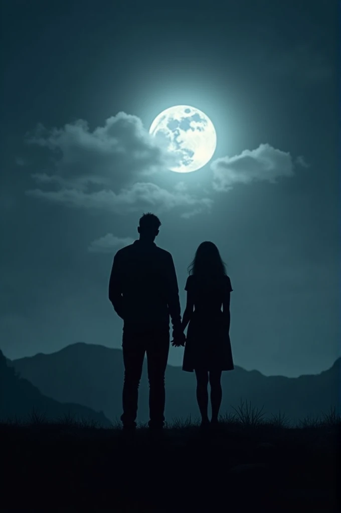 Create an image with a man and a woman with their backs to each other, Both have a dull and sad appearance, Behind them, a full moon shining in its silvery tone