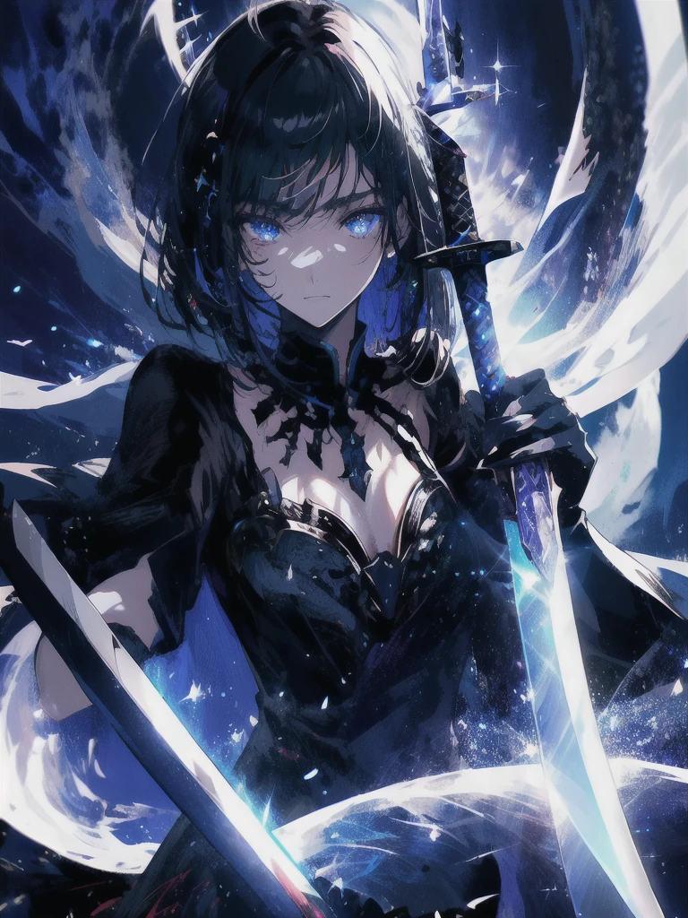 Holding a one-handed sword、Please take the black sword.、((masterpiece, highest quality, Super detailed, High resolution)), alone, beautiful girl, shining eyes, perfect eyes, , black white gold theme,