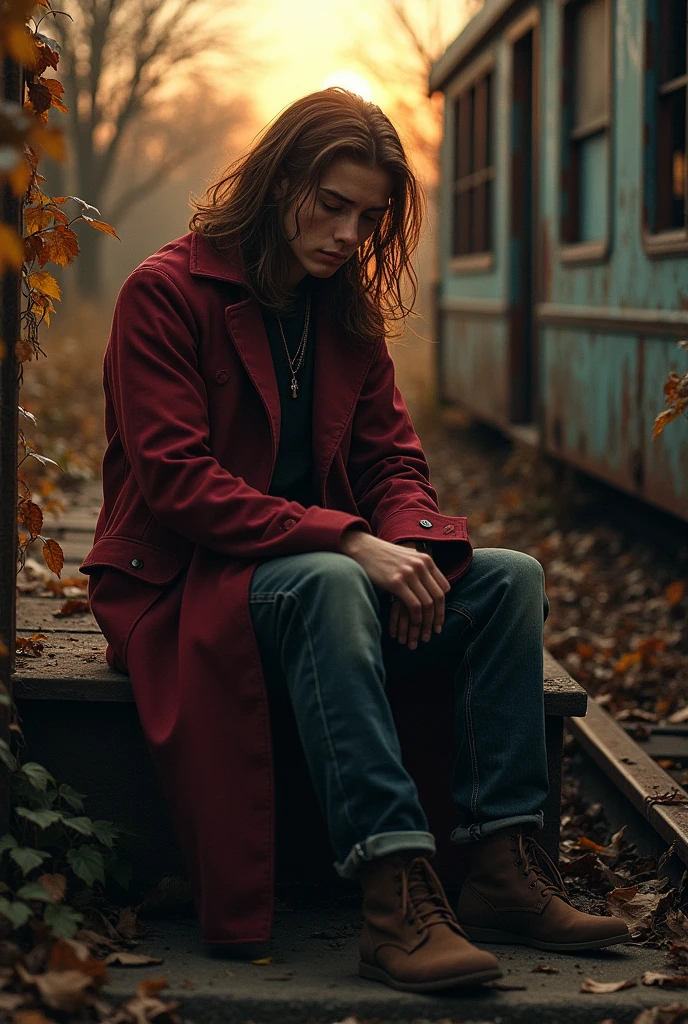 sad male ager long brown hair light skin wearing burgundy coat on old abandoned rusty train with details