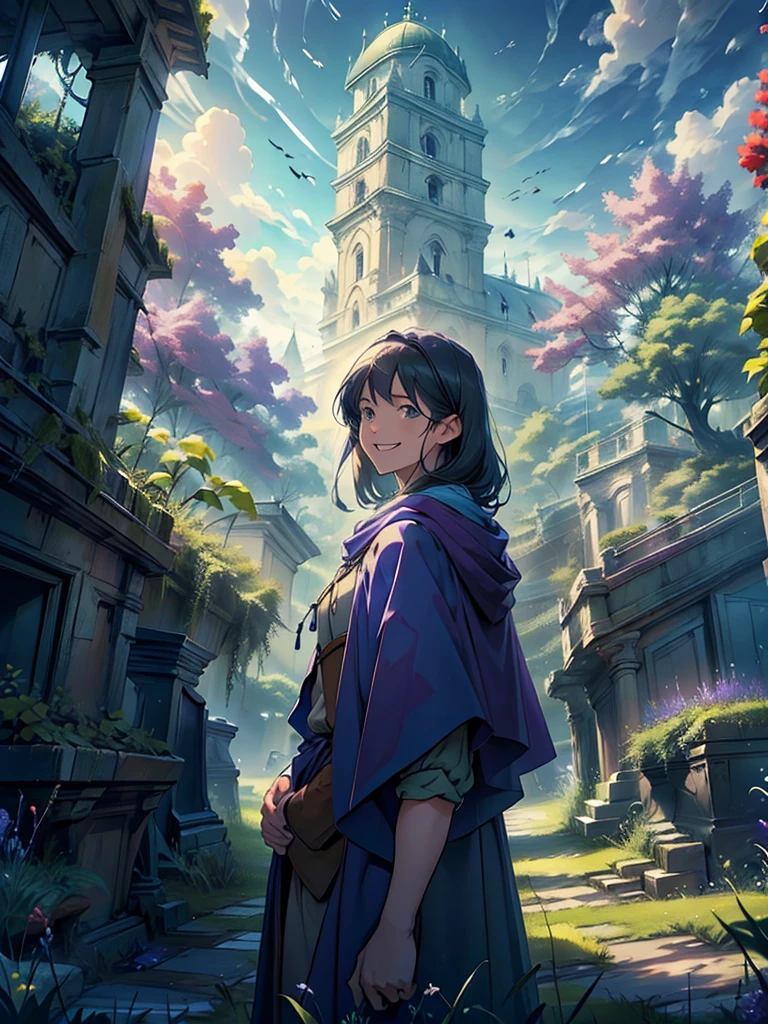a green field, clearing blue sky, in the center Jesus Christ, with an open smile and sweet expression, wearing a purple cloak