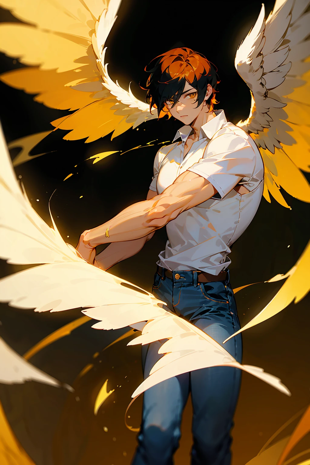 1male, Young Adult, Light Orange Hair, Black Hair, Two Toned Hair, Short Hair, Yellow eyes, Disheveled Hair, Radiant, Coat, Jeans, Masculine, Beautiful Lighting, Angel Wings, Flying, Muscular