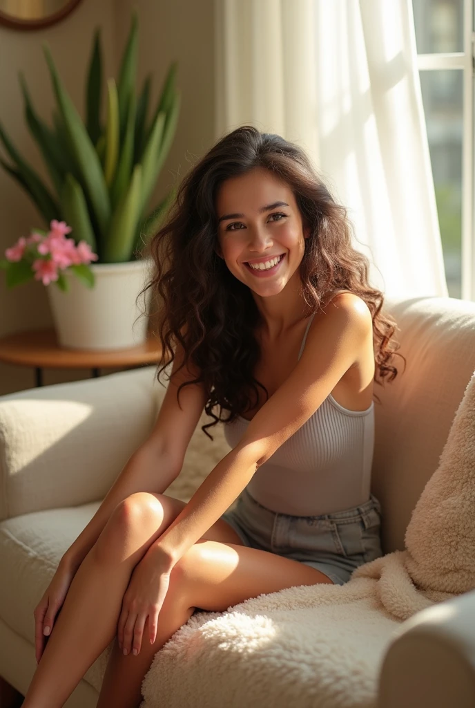 A brunette girl with curly hair and big breasts sits with her legs stretched out, taking a realistic photo
