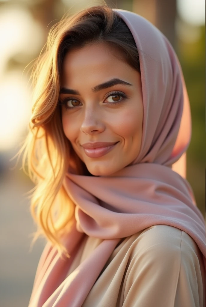 Qatari 33 woman with nude pink scarf brown smiley eyes portrait looking at camera face beige summer chic shirts body covered