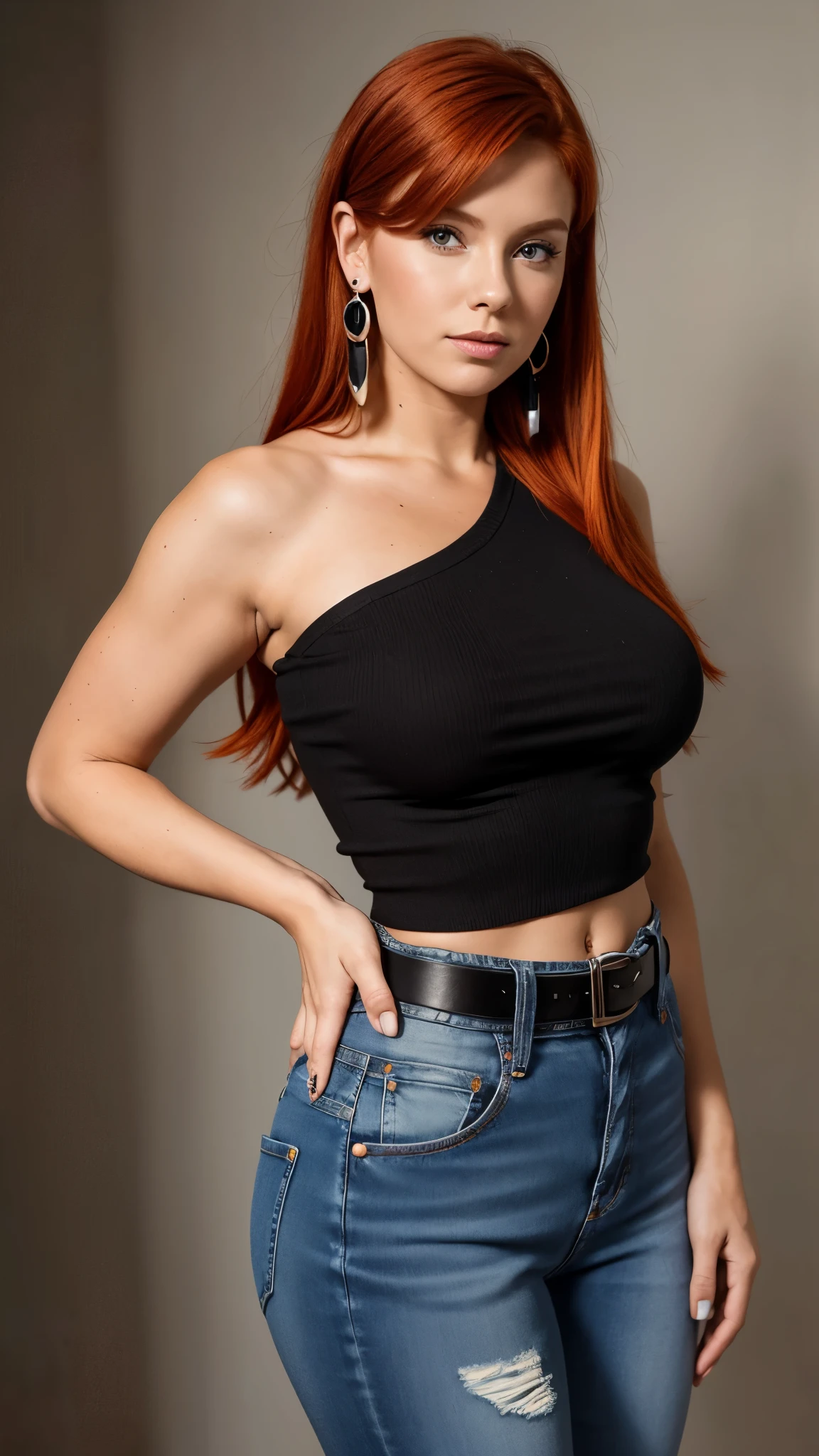 Linda is an 18-year-old redhead wearing large earrings and a black one-shoulder top, high-waisted jeans, and a belt showing off her T-shaped belly button.