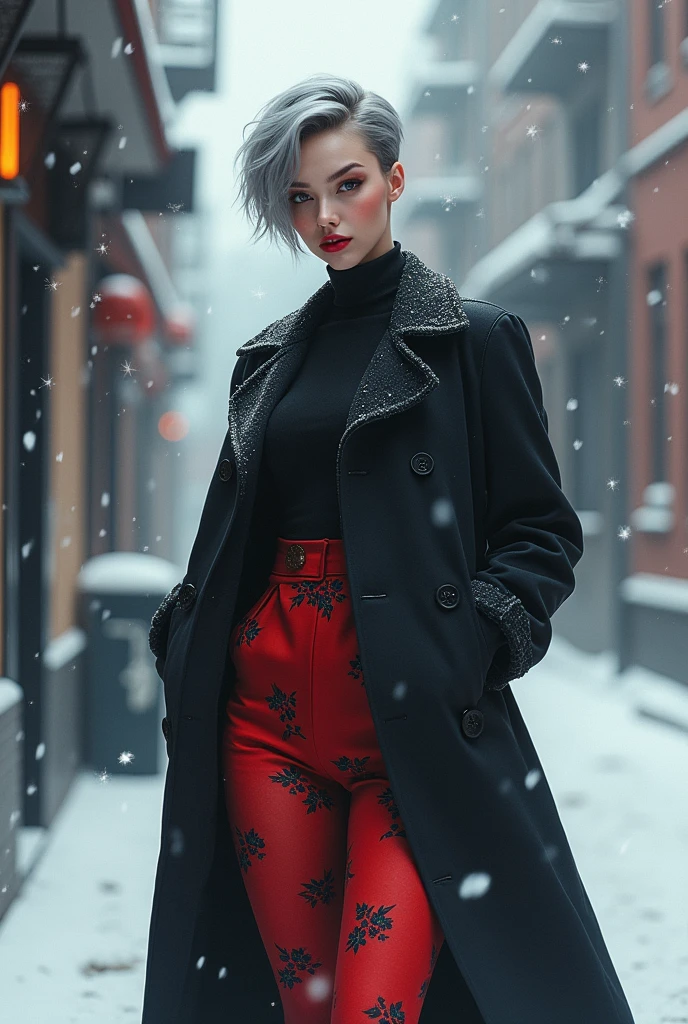 (masterpiece, High resolution, Highest quality), ((20-year-old woman, Structure from head to thighs, Focus on the upper body)), Fashion pose, Detailed eyes, avant-garde makeup, Asymmetrical Short Hair:1.2, Grey Hair, A mod coat and red floral stockings, Blurred Background, Empty Alley:1.3, Snow Scene, that'it's snowing, Cinema Lighting, Anime Style, Simple lines, Ultra-realistic, Digital Painting,