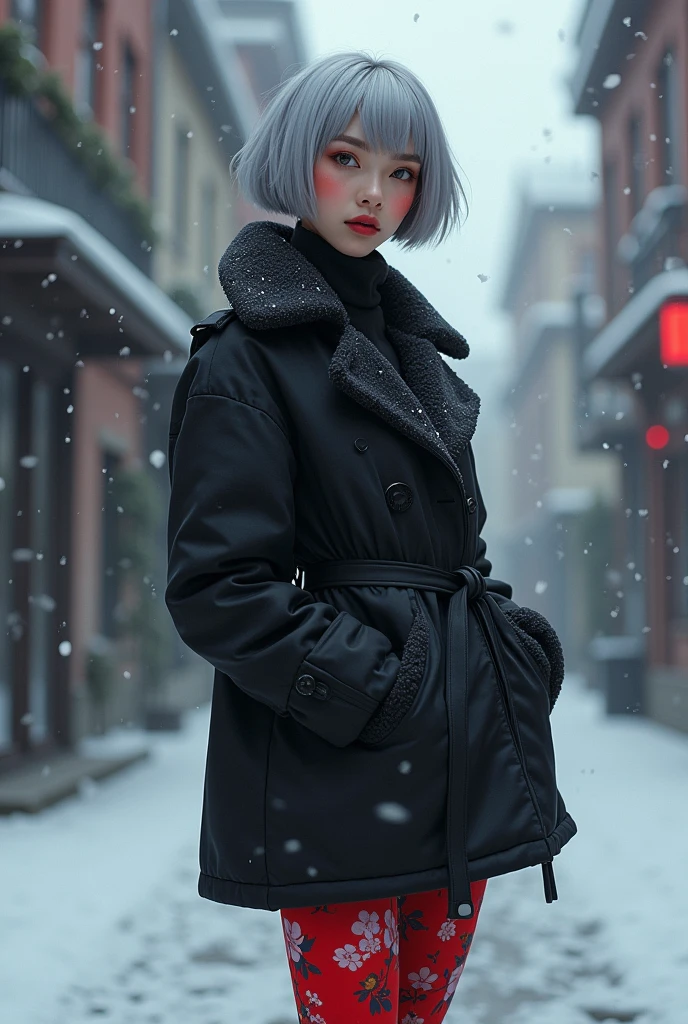 (masterpiece, High resolution, Highest quality), ((20-year-old woman, Structure from head to thighs, Focus on the upper body)), Fashion pose, Detailed eyes, avant-garde makeup, Asymmetrical Short Hair:1.2, Grey Hair, A mod coat and red floral stockings, Blurred Background, Empty Alley:1.3, Snow Scene, that&#39;it&#39;s snowing, Cinema Lighting, Anime Style, Simple lines, Ultra-realistic, Digital Painting,